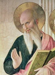 Madonna van de Schaduw of Maagd en Kind tussen Sint Dominicus, Cosmas, Damianus, Marcus, Johannes de Evangelist, Thomas van Aquino, Laurentius en Pierre de martelaar (detail van Sint Johannes de Evangelist)